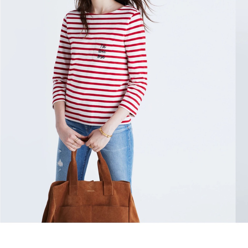 Madewell et Sezane Red and White Striped 3/4 Length Sleeve Tee - Picture 2 of 8